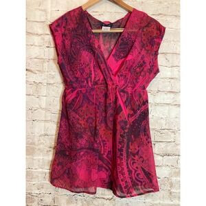 Fleurish Boho Top Womens‎ Large Magenta Pink Mixed Print Babydoll Hippie Lined